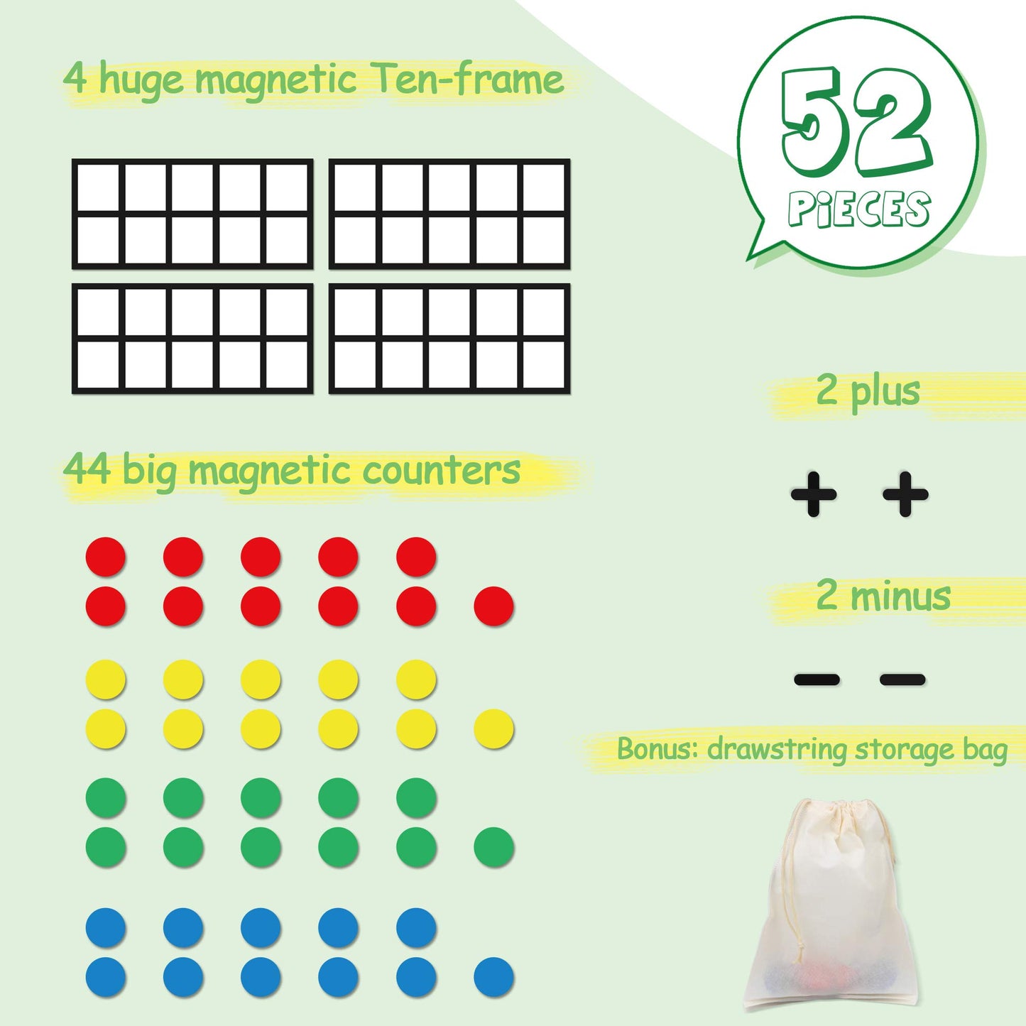 Opret Big Magnetic Ten Frame Set, 52 Math Manipulatives, Foam, 55 pcs Standard Edition, Ideal for Kindergarten and Elementary, Ages 5+