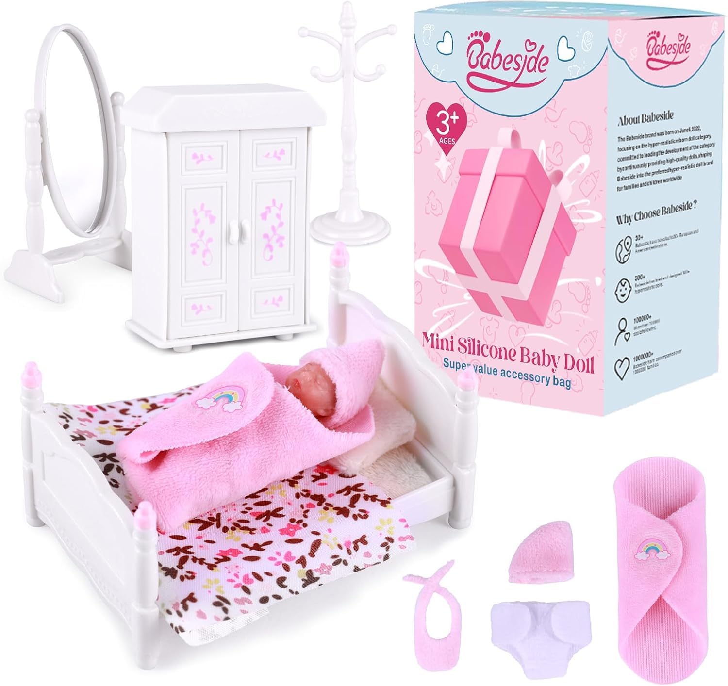 Babeside Mini Silicone Baby Dolls, 3 Inch Realistic Newborn Baby Dolls Full Silicone Sleeping Little Baby Dolls Mini Real Life Baby Girl Miniature Baby With Playset Accessories(Pink)