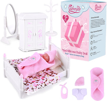 Babeside Mini Silicone Baby Dolls, 3 Inch Realistic Newborn Baby Dolls Full Silicone Sleeping Little Baby Dolls Mini Real Life Baby Girl Miniature Baby With Playset Accessories(Pink)