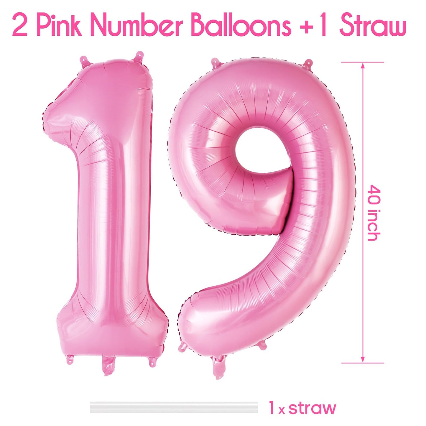 AIQINHU Pink Foil Number 19 Balloon, 40 Inch Giant Mylar Helium Balloon for 19th Birthday Party Decorations