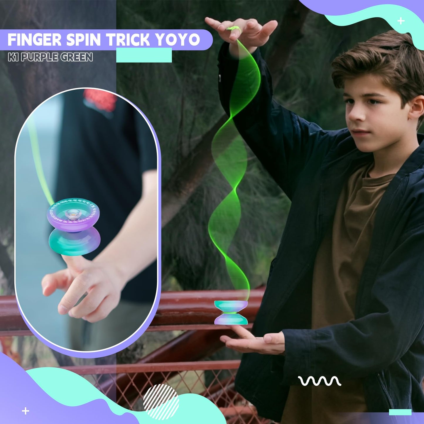 K1 Responsive Yoyo Pro, Trick Yo-Yo For Kids Beginners, Durable Plastic Yoyo With 12 Yo Yo Strings +2 Hubstacks + Yoyo Case Bag + Yo-Yo Glove (Green Purple)