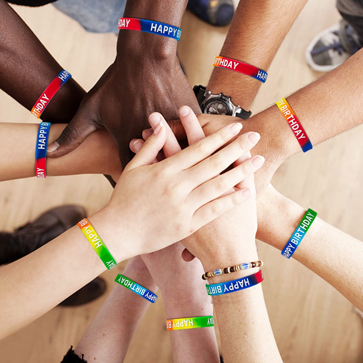 Dminya Happy Birthday Rubber Bracelets Colored Silicone Stretch Wristbands for Birthday Party Supplies Favors 30 Pack rubber bra