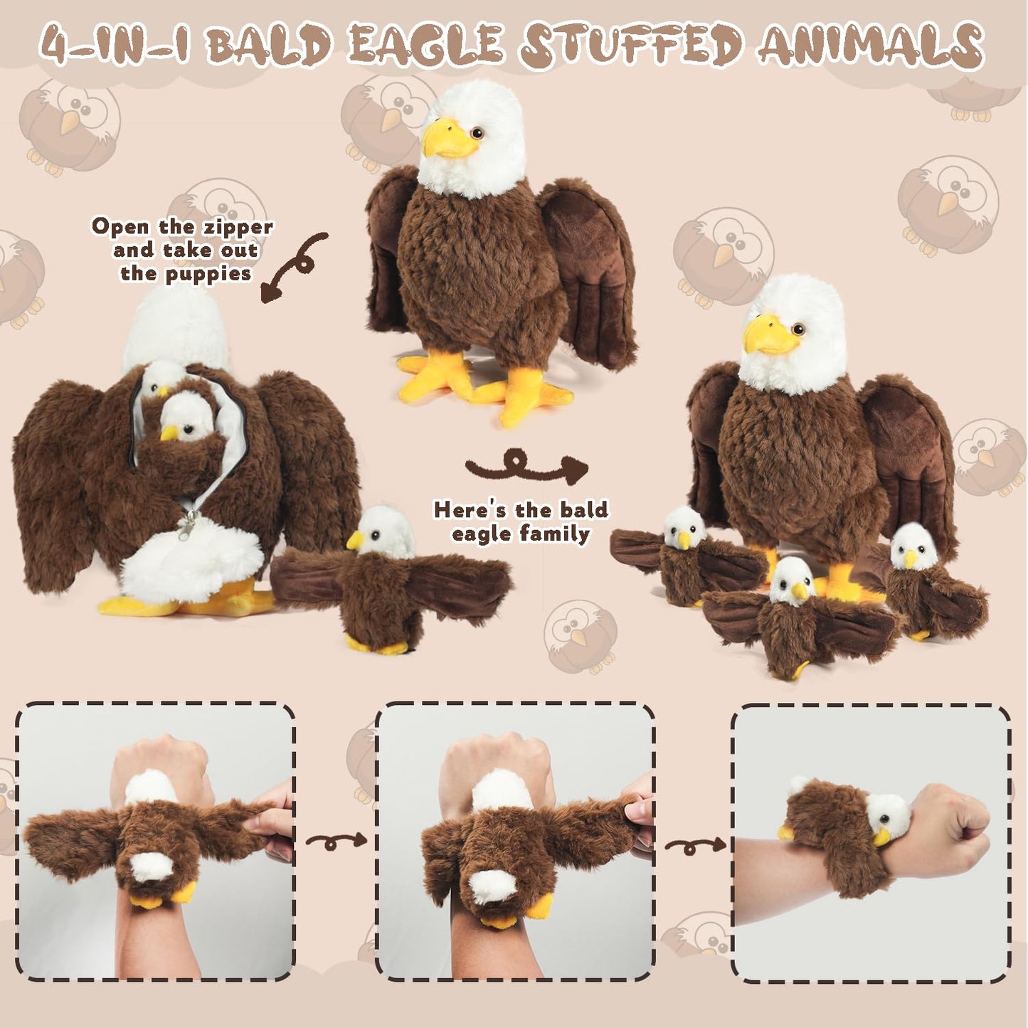 Xyhqyb Bald Eagle Stuffed Animal Plush, 14 Inch Mommy Eagle Plush With 3 Cute Babies Bald Eagles Slap Bracelet Plushies Eagles S