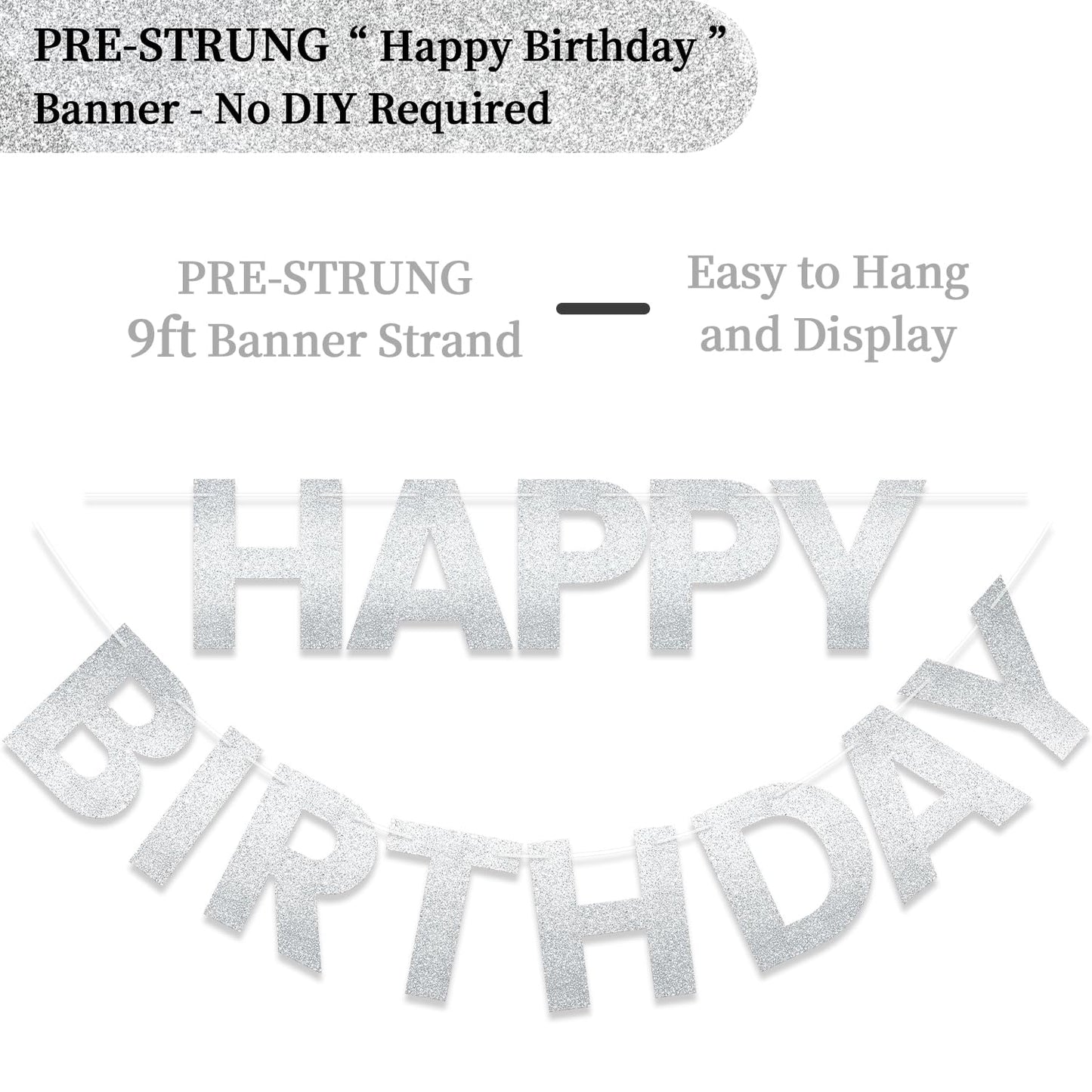 Litaus, Silver Glitter Happy Birthday Banner - Pre-Strung, 9 Ft, No Diy | Birthday Decorations | Happy Birthday Sign For Birthda