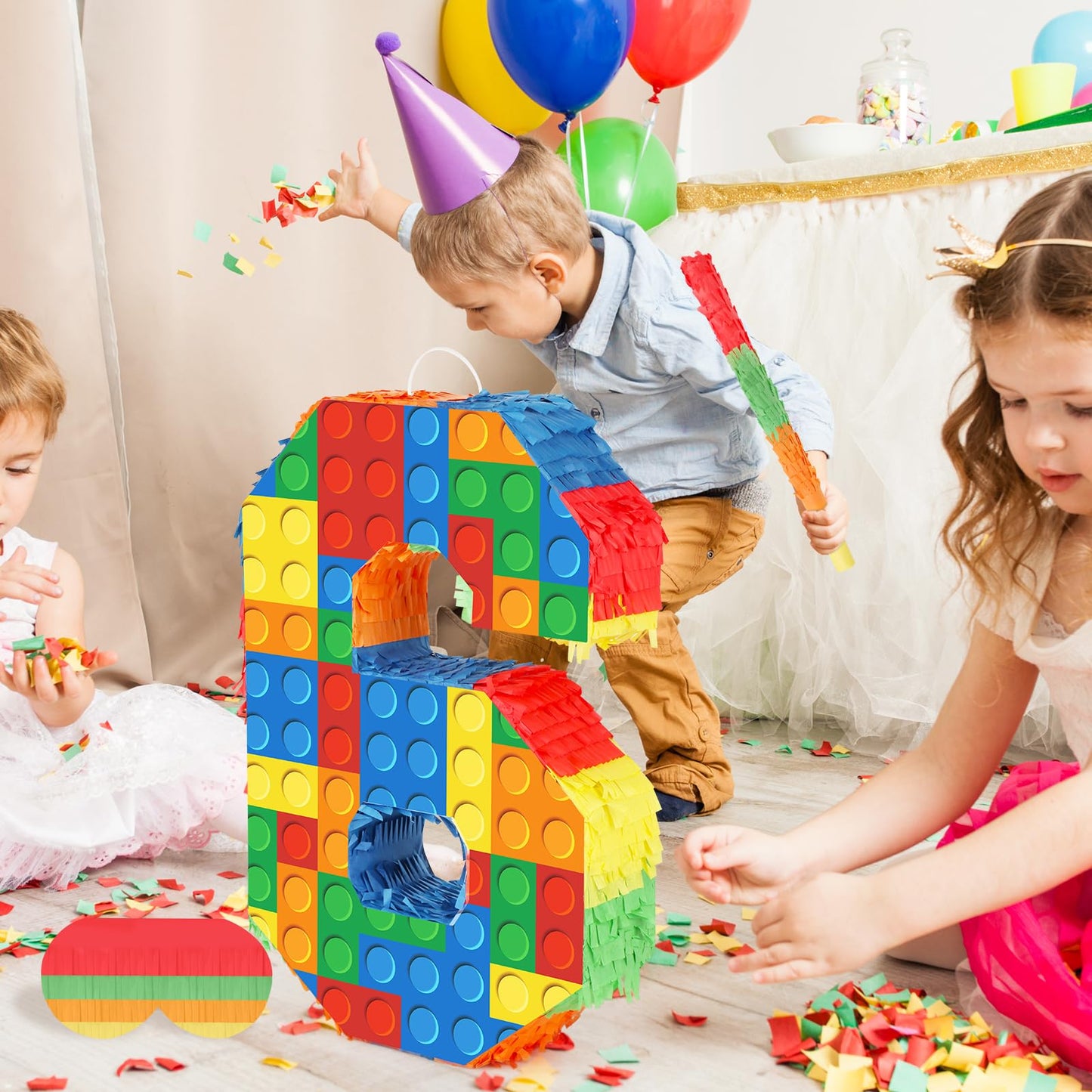 Hooqict Building Blocks 6th Birthday Pinata Set - Number 6, Cardboard, Multicolor, Includes Stick & Blindfold for Kids Party Supplies