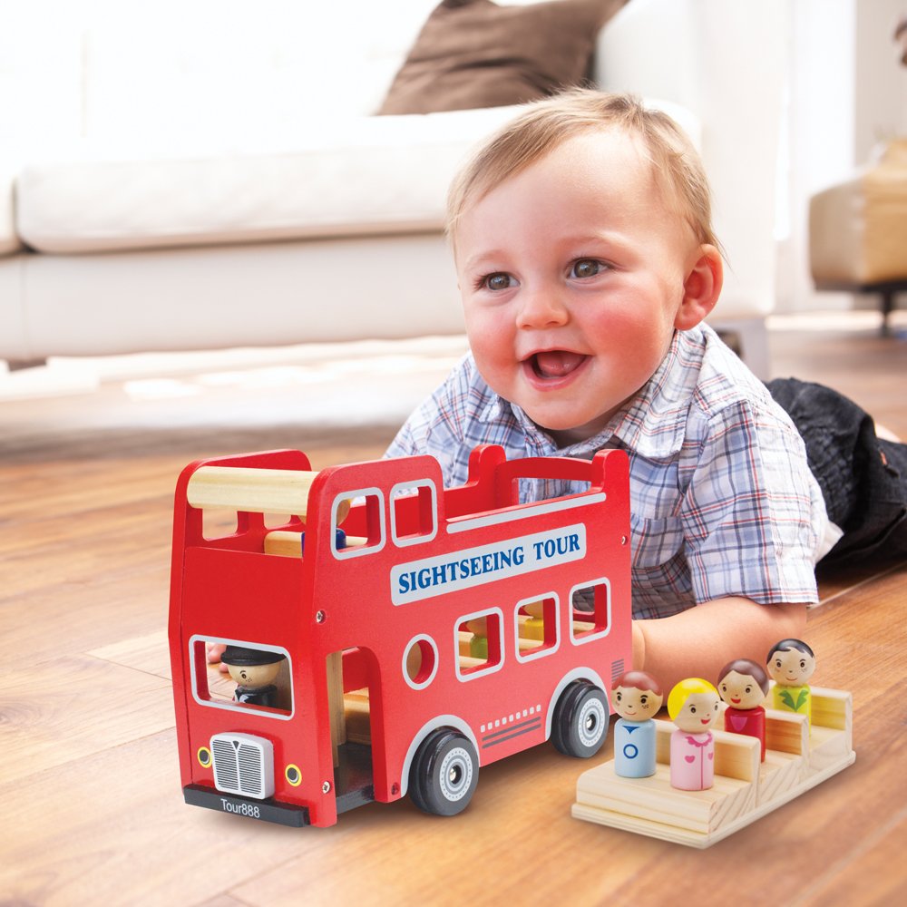 Imagination Generation Wooden Double Decker Bus - Natural Beechwood Cars for Kids 12+ Months, Red