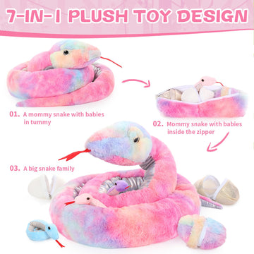 Maogolan Giant Snake Stuffed Animal, Realistic Large Mommy With 3 Babies & 3 Eggs Snakes Plush Toy, 79'' Long Rainbow Boa Constrictor Gift For Boys Girls Kids