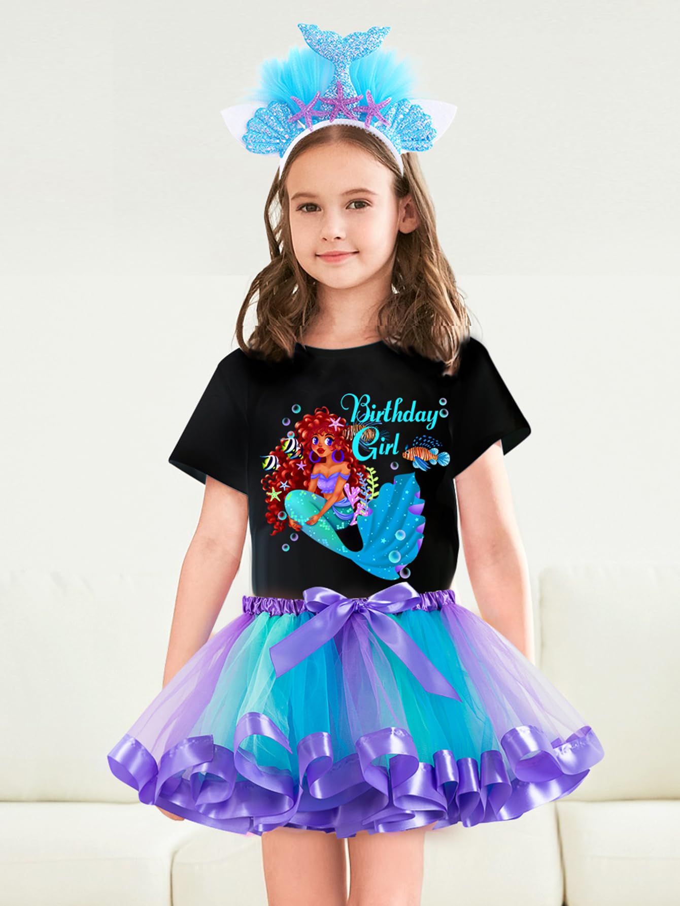 Doctor Unicorn Birthday Girls Mermaid Outfit Set Costume Tutu Skirt Dress, Mermaid Birthday Shirt, Headband & Satin Sash (Black-2, 5-6 Years)