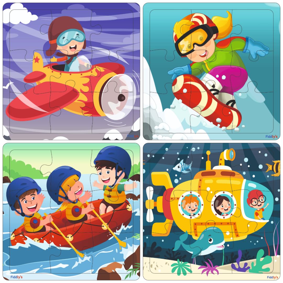 Fiddlys FiddlyS Wood Jigsaw Puzzles For Kids & Children -9 Pieces Age 3+ (Adventure Pack Of 4)