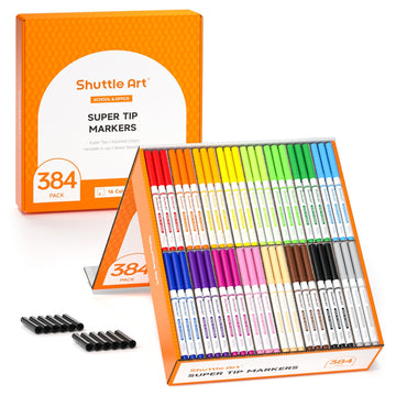 Shuttle Art 384 Pack Washable Super Tips Markers, 16 Assorted Colors Conical Tip Large Markers Bulk With A Box, Bonus Caps, Home Classroom School Supplies For Toddlers Kids Adults Students Teachers