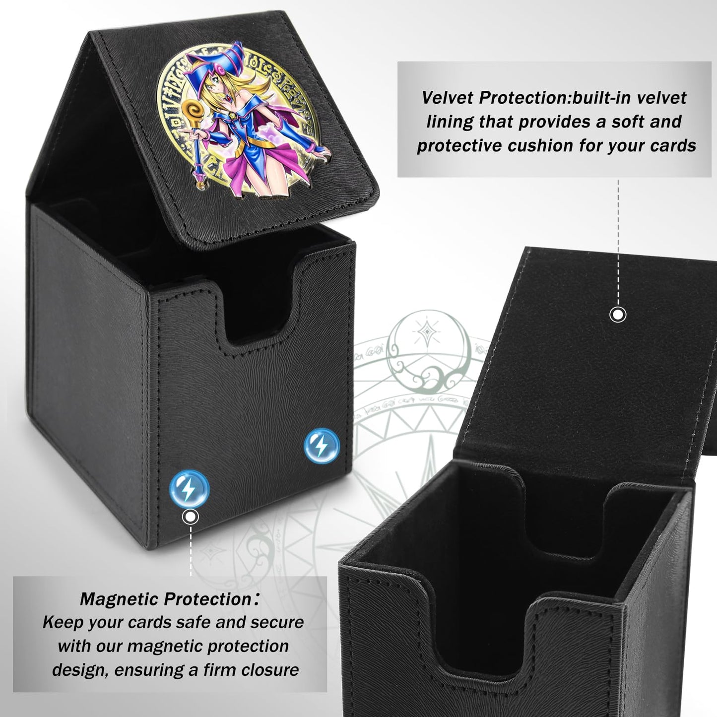 sabermaster 3D Deck Box for YGO MTG - Leather Storage for 110 Cards, 38.45 cu in, Dark Magician Girl Design
