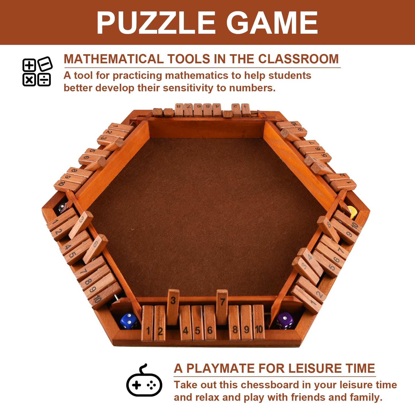 Alangduo Shut The Box Game With 12 Dice, 2-6 Player Shut The Box Table Math Game, Shut The Box Game Wooden, Educational Close The Box Game For Kids, Adults (Brown)
