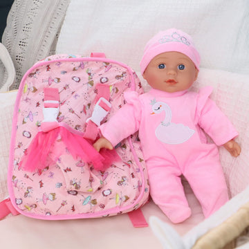 Haveahug 13'' Soft Baby Doll With Take Along Pink Doll Backpack Carrier, 6 Piece Play Set With Bottle & Accessories(Pink)