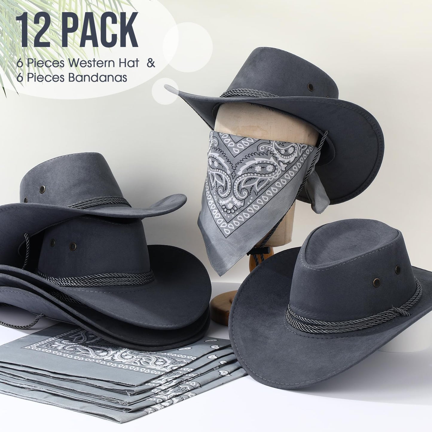 Zhanmai 12 Pcs Cowboy Hat and Bandana Cowboy Cowgirl Hats Bulk Western Party Costume Halloween Accessory(Grey,Polyester)