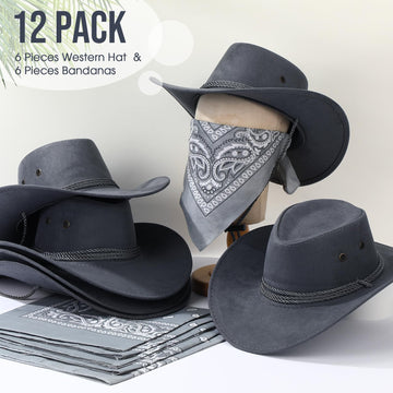 Zhanmai 12 Pcs Cowboy Hat and Bandana Cowboy Cowgirl Hats Bulk Western Party Costume Halloween Accessory(Grey,Polyester)