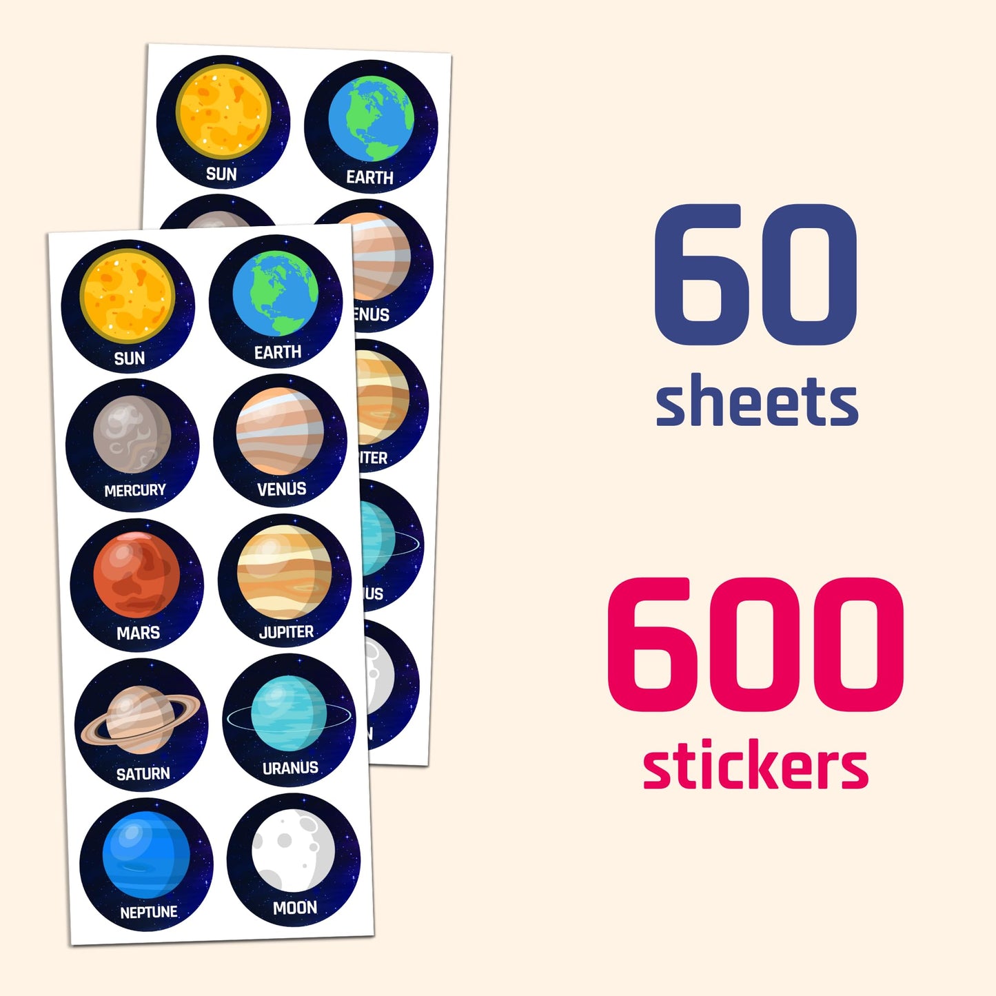 60 Sheets, 600 Stickers - Planet Solar System Stickers For Kids, 1.5''