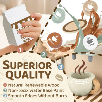 Airlab Toy Coffee Maker for Kids Wooden Kitchen Accessories Pretend Play Toddler Coffee Playset for Girls Boys Ages 3 4 5 Years