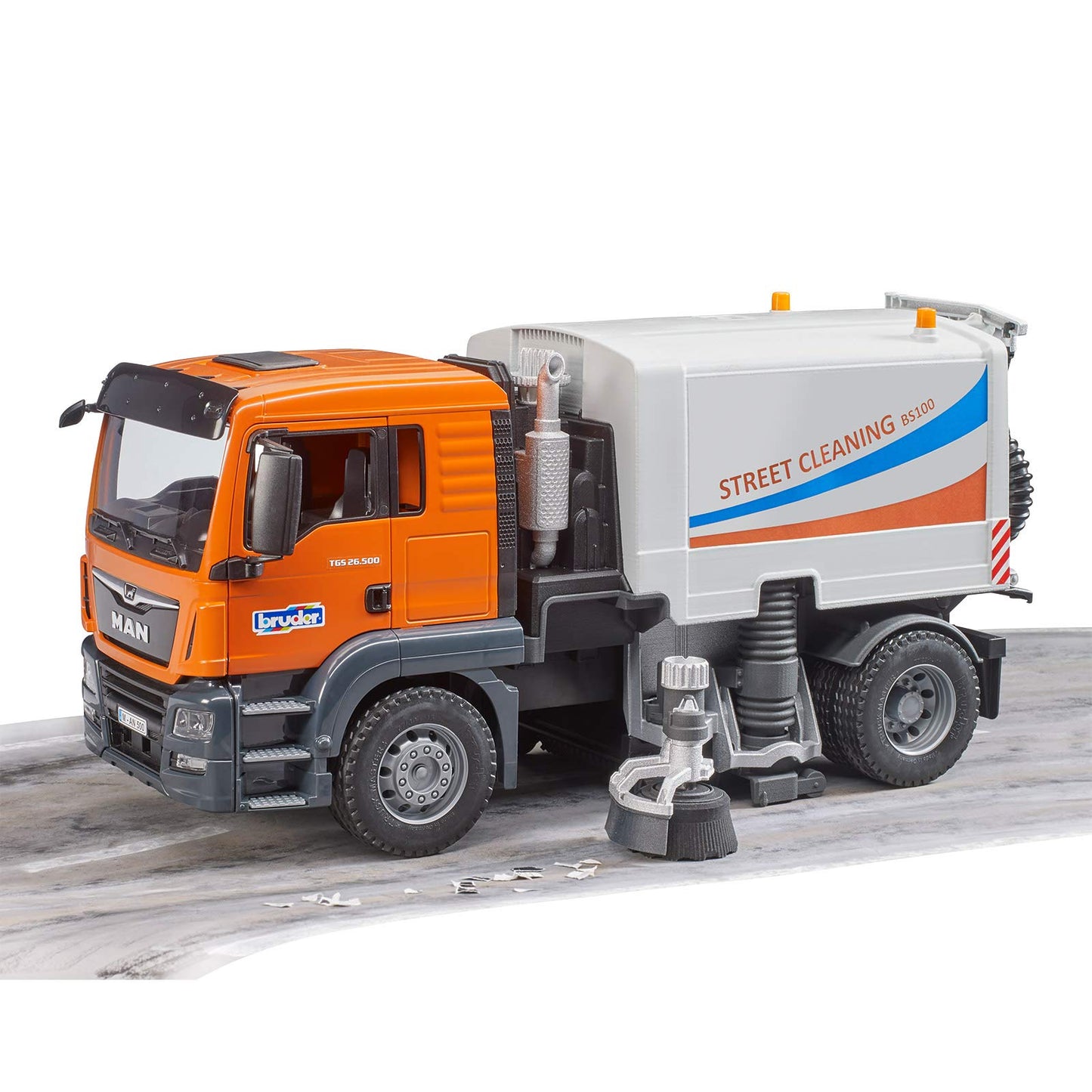 Bruder Toys - Commercial Realistic MAN TGS Street Sweeper Truck with Open-able Doors, Adjustable Brushes, and Flexible Hose - Ag