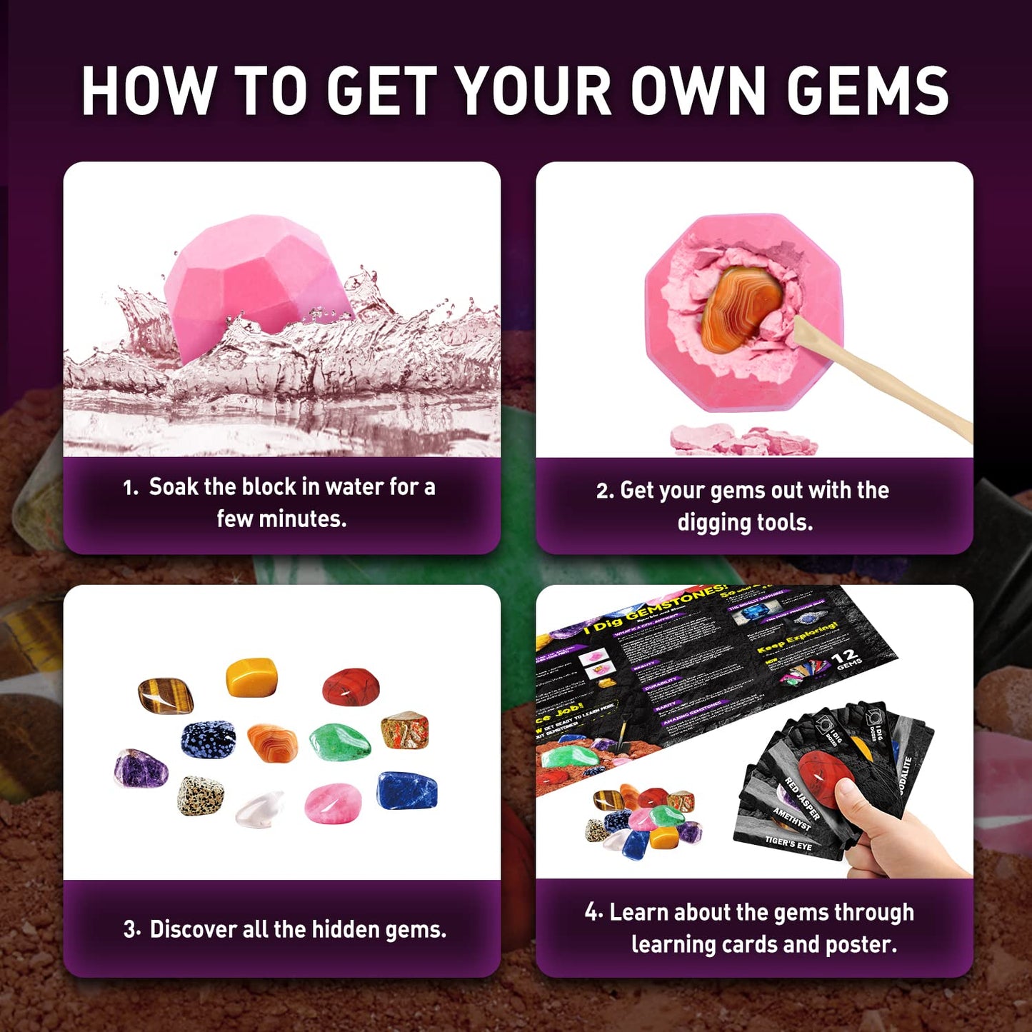 Byncceh Gemstones Dig Kit - Dig It Up 12 Real Gemstone And Crystal For Kids Gems Digging Kit Mineral & Rock Collection For Kids