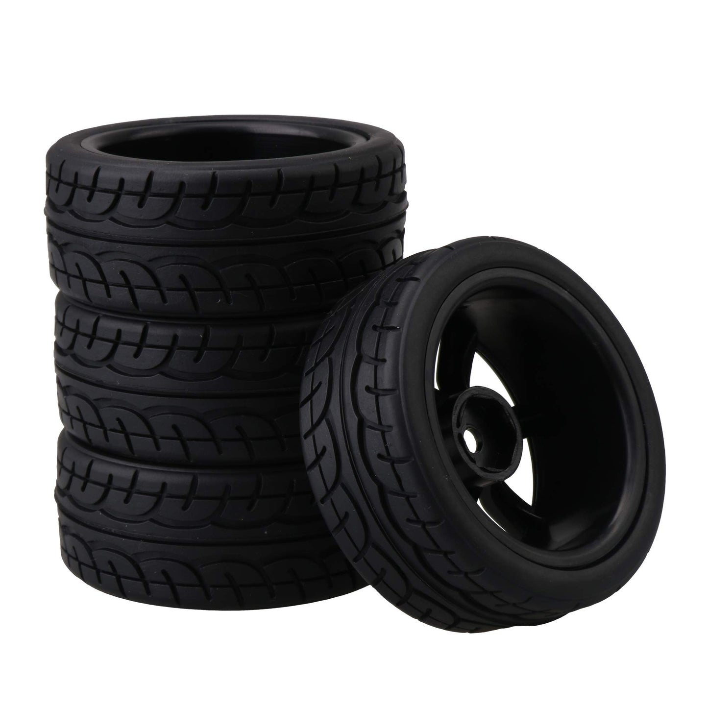 BQLZR 4PCS RC1: 10 Flat Sports Car with Mountain Pattern Tires and New 7-Spoke Black Wheels 20468
