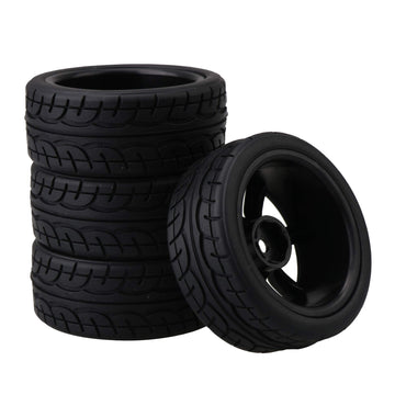 BQLZR 4PCS RC1: 10 Flat Sports Car with Mountain Pattern Tires and New 7-Spoke Black Wheels 20468