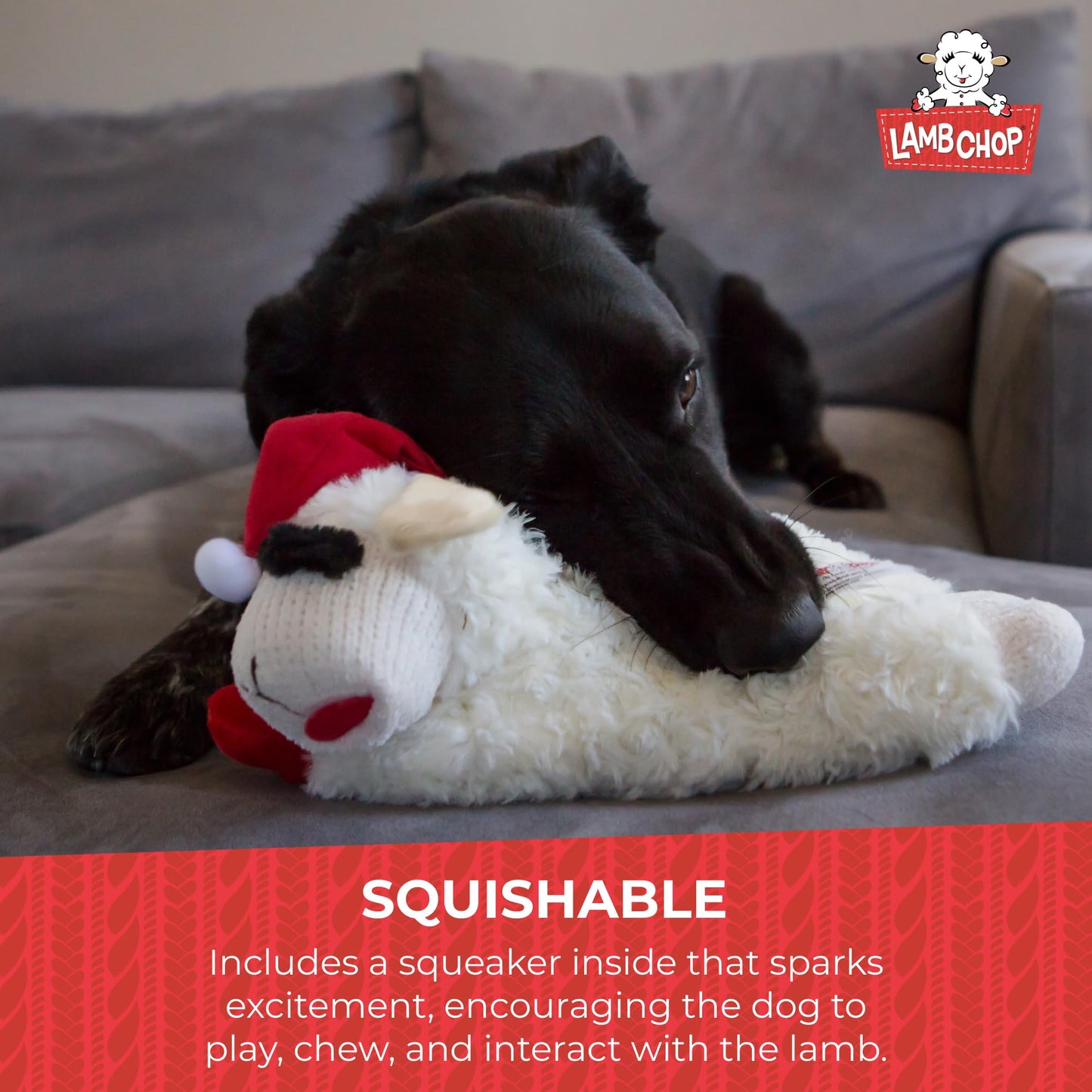 Multipet Lamb Chop Dog Plush Toy W/Santa Hat - Squeaky Dog Toy For All Dogs - Extra Soft Plush Dog Toy - Stuffed Animal Dog Toy
