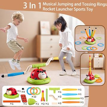 Powza 3 In 1 Musical Jump, Toss Ring Game Toy And Stomping Launch Rocket Launcher For Kids Outdoor Toys With Remote Control, Ind