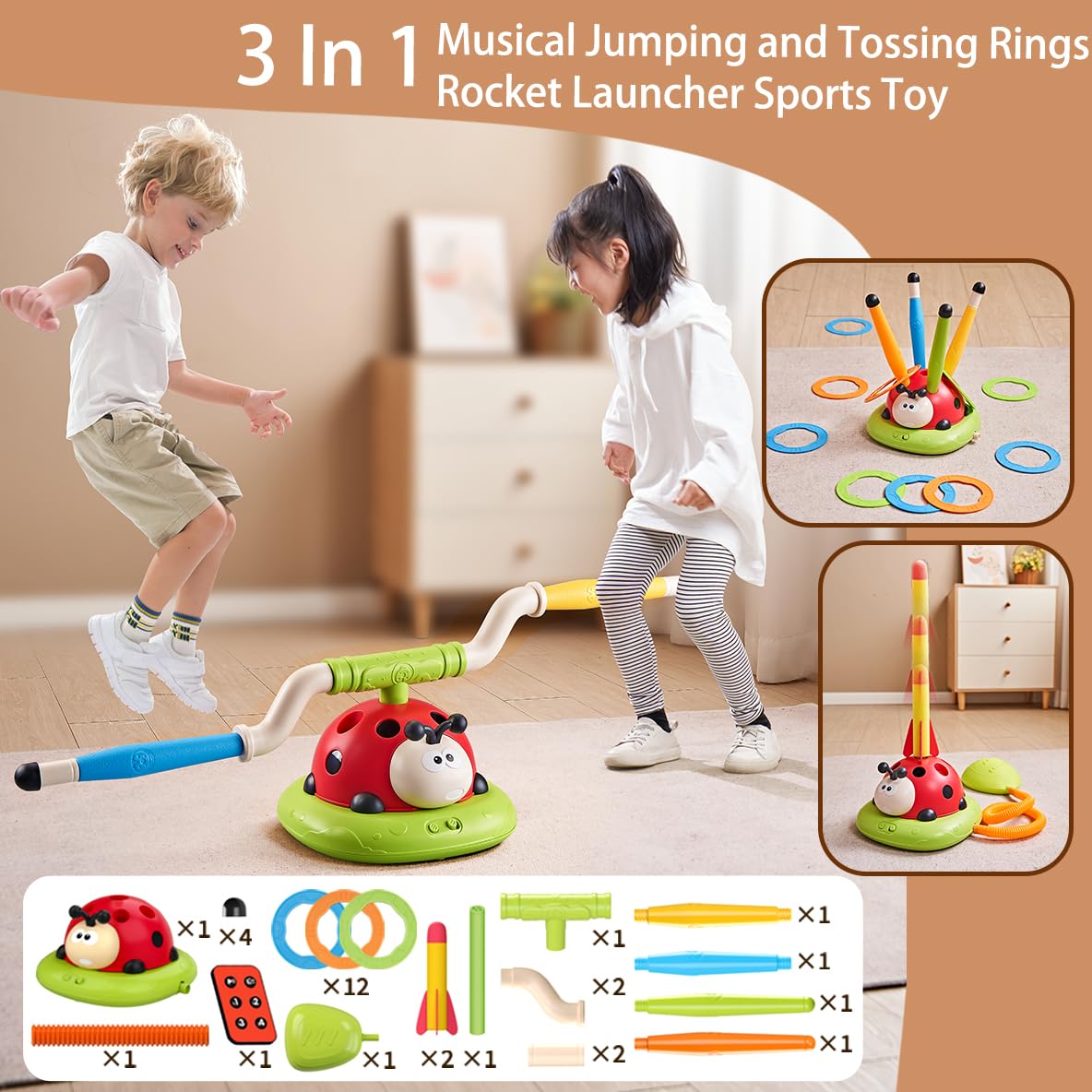 Powza 3 In 1 Musical Jump, Toss Ring Game Toy And Stomping Launch Rocket Launcher For Kids Outdoor Toys With Remote Control, Indoor Outside Toys For Kids Ages 4-8 Toys For Ages 5-7 8-13 Kids Gifts