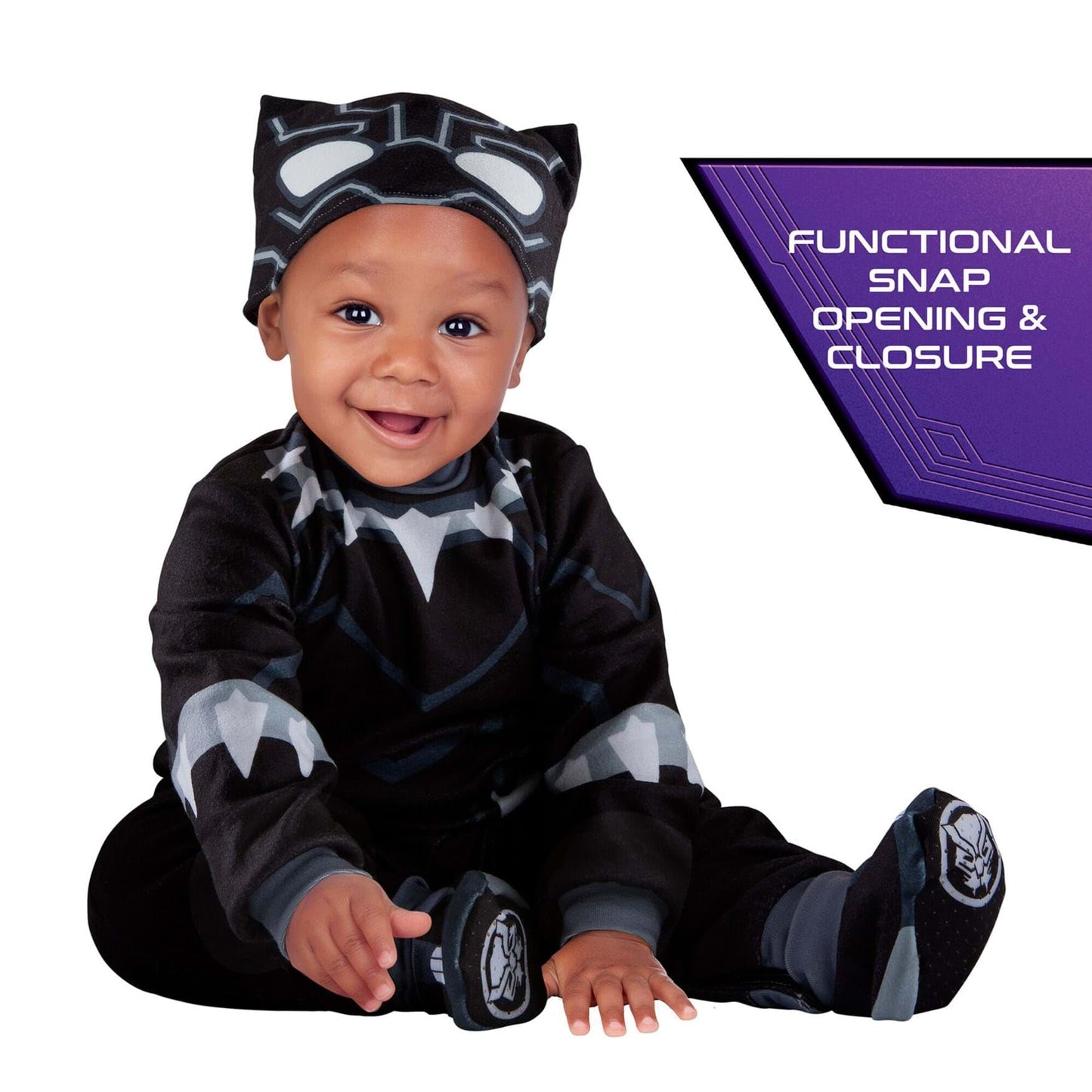 Marvel Black Panther Official Infant Deluxe Costume - Printed Jumpsuit With Booties And Mask Cap (6-12M)