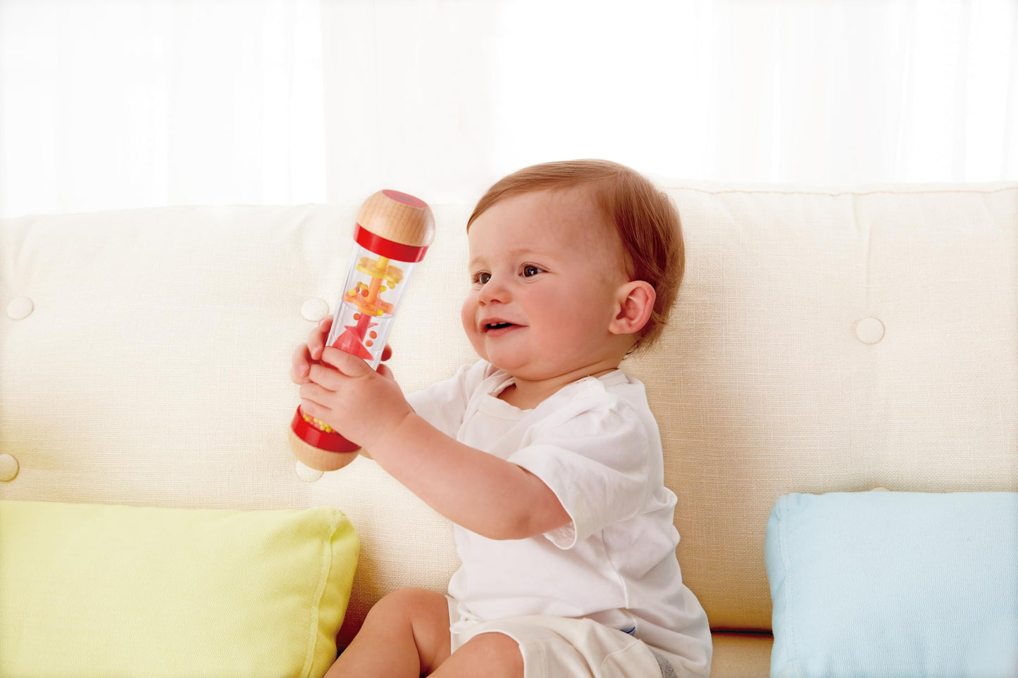 Hape Beaded Raindrops | Mini Wooden Musical Toddler Instrument, Shake & Rattle Rainmaker Toy, Red, L: 2, W: 2, H: 7.9 Inch