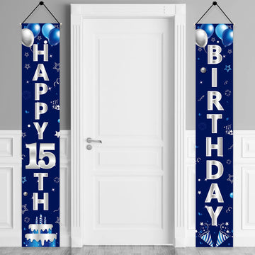Turypaty Blue Silver 15Th Birthday Door Banner Decorations, Happy 15 Birthday Party Porch Sign Supplies For Boys, Sweet 15 Year
