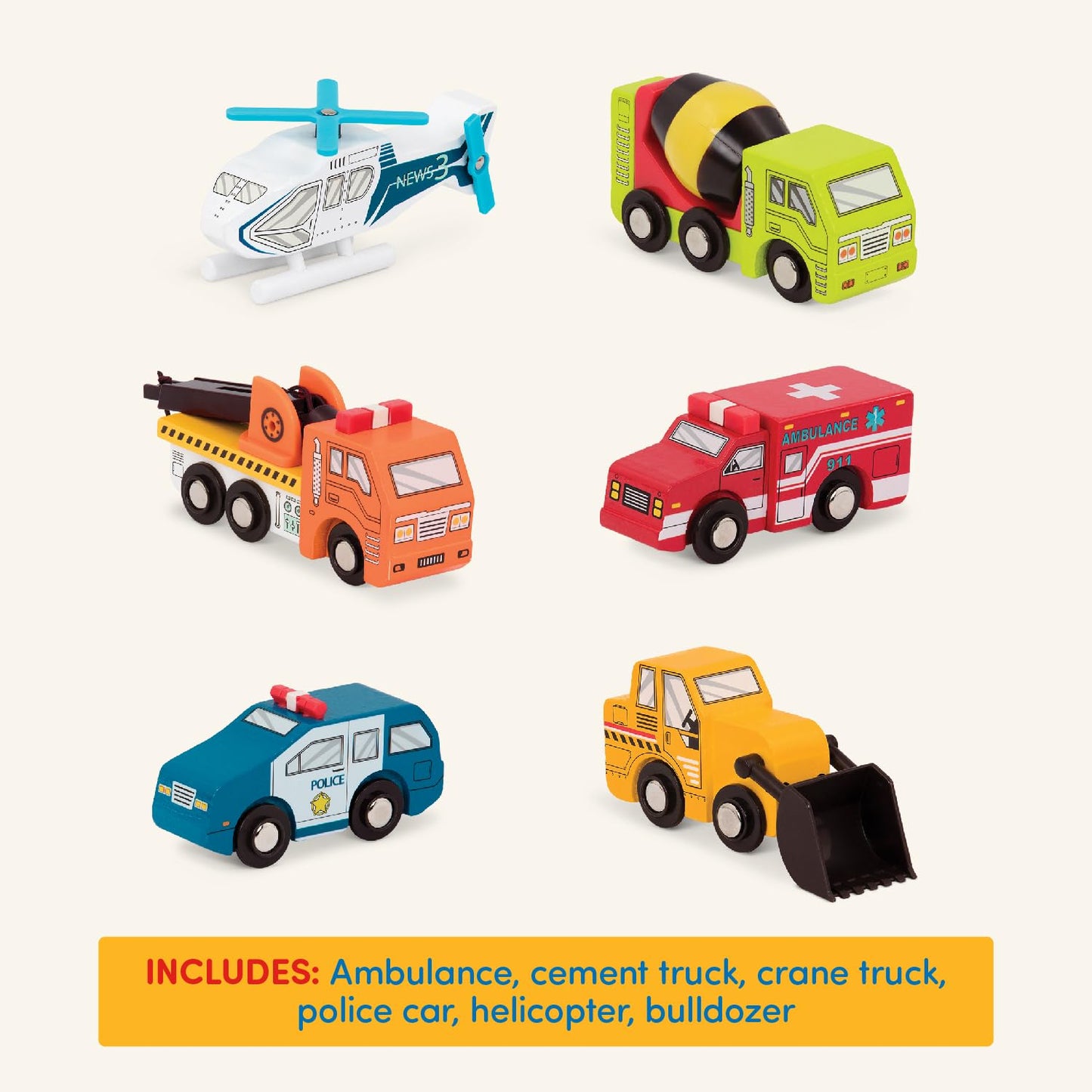 Battat - Wood Cars for Kids - 6Pc Toy Vehicle Set - Mini Rescue & Construction Vehicles - Toddler Truck Toys - 3 Years + - Woode