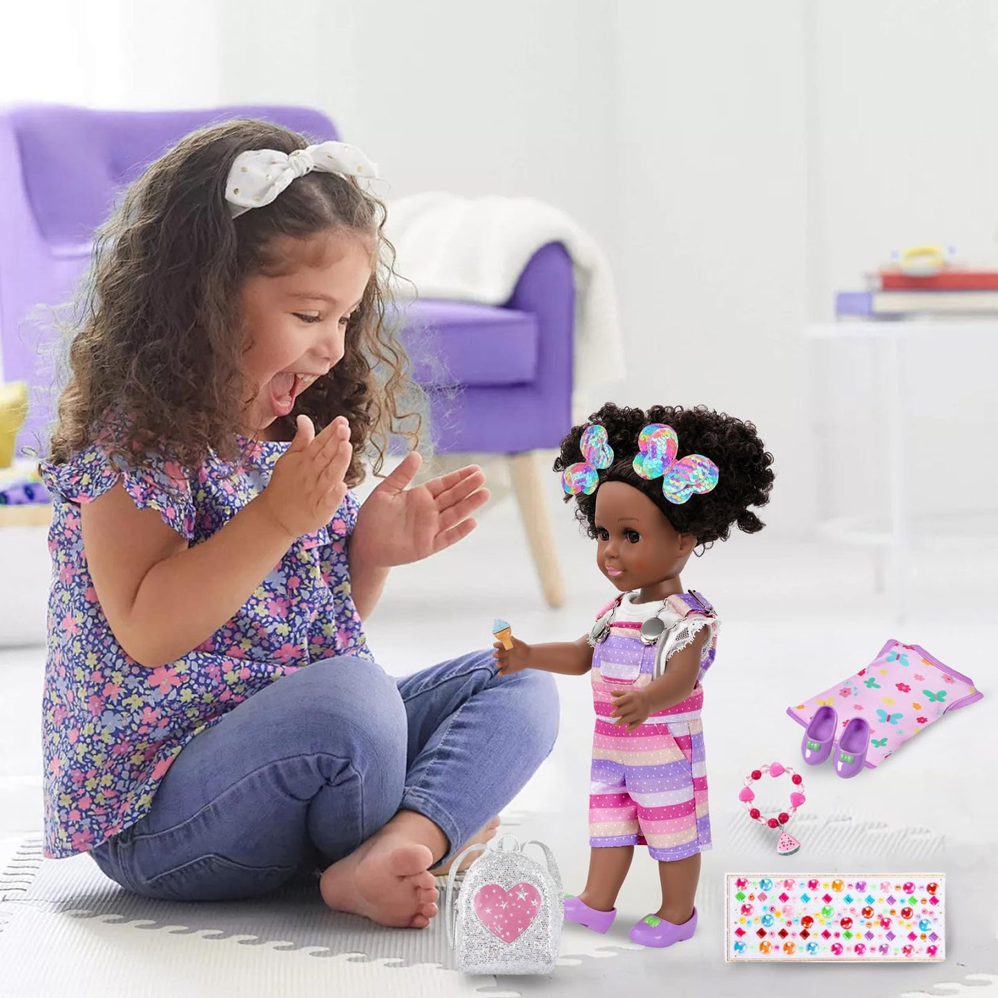 ZQDOLL 14.5 inch Black Doll and Black Baby Doll Clothes and Accessories Set, African Baby Doll with 2 Sets Clothes Shoes Backpac