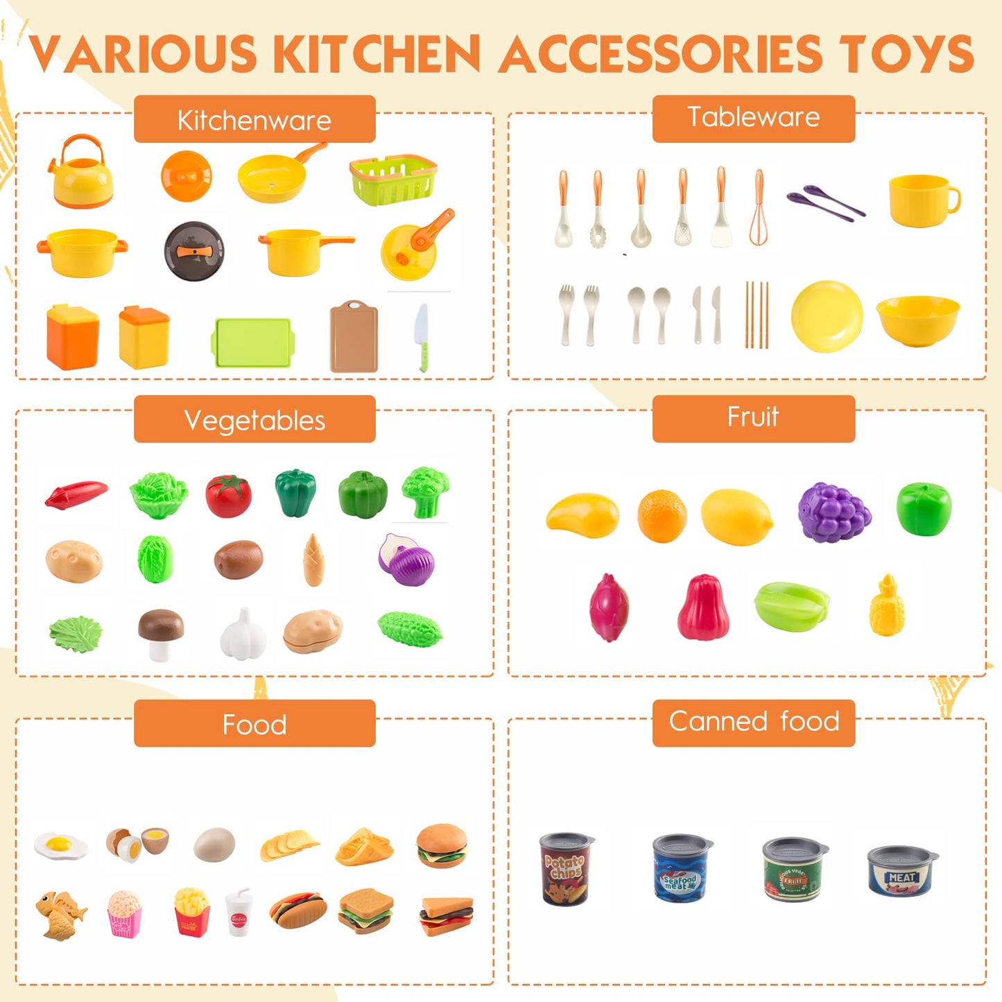 118Pcs Mini Play Kitchen Accessories for Kids, Pretend Cooking Playset with Cookware, Tableware & 2 Fruit Sets, Learning Gift fo