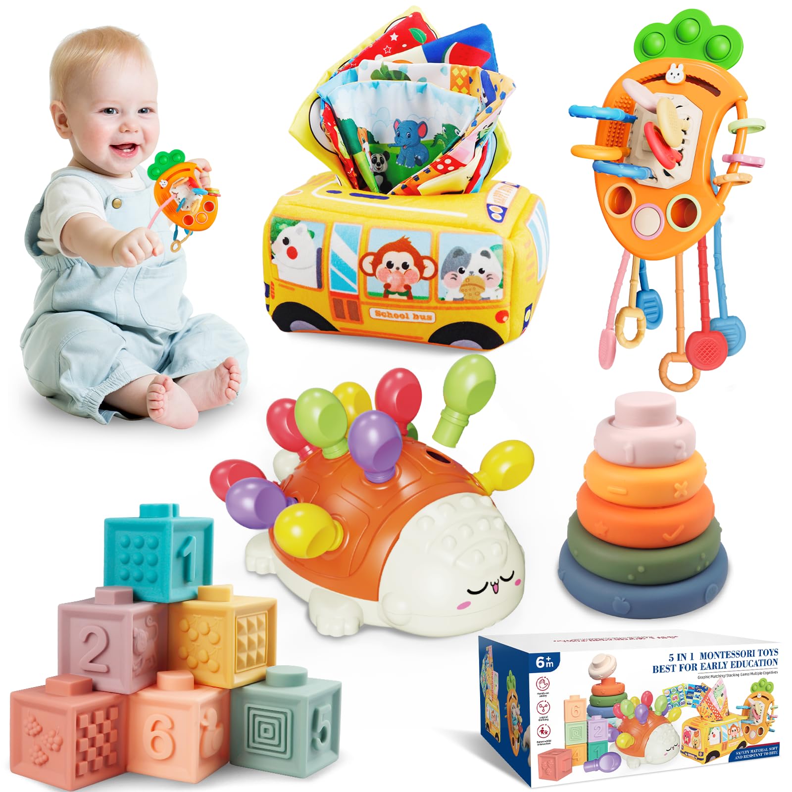 Weilim Montessori Toys For Babies 6 To 12 Months, Baby Toys Sensory Toys For Toddlers 1-3, Fine Motor Toys, Pull String Toy, Stacking Blocks Rings, Baby Tissue Box Toy 5 In 1 Infants Learning Toys