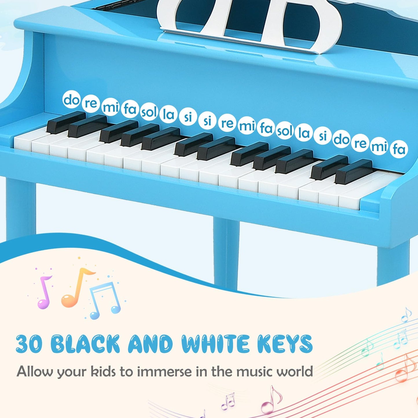 Goplus 30-Key Classical Kids Piano, Mini Grand Piano Wooden Learn-to-Play Musical Instrument Toy with Bench, Piano Lid, Music Ra