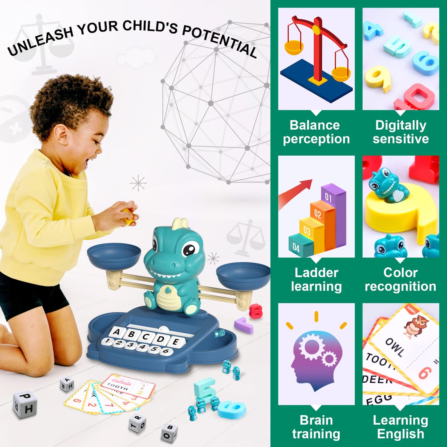 Kaodezhu Dinosaur Math Balance Toy - Montessori Educational Toy for Kids 3-7, Advanced Green, Perfect Birthday Gift, 10.62x8.66x5.11