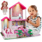 HCFJEH Doll House with Light, Playmat and Doll Toy Figures, DIY Pretend Play Furniture and Accessories, Dollhouse Playhouse Toy 