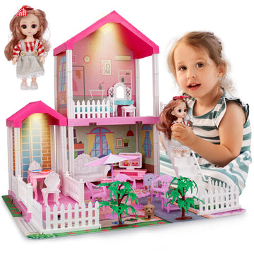 HCFJEH Doll House with Light, Playmat and Doll Toy Figures, DIY Pretend Play Furniture and Accessories, Dollhouse Playhouse Toy 