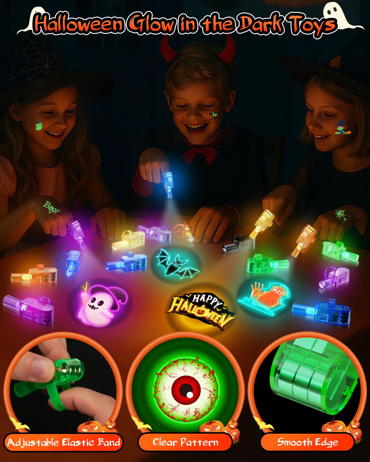 36 Pack Halloween Party Favors for Kids - LED Finger Lights & Glow in The Dark Tattoos Set, Non-Candy Treats, Trick or Treat Gif