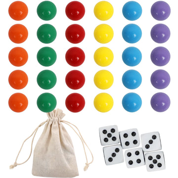 Comsrev Large Size18Mm 30 Wahoo Board Game Replacement Marbles 5 Each Of 6 Colors 6 Dice And A Play Bag For Aggravation Wahoo Bo