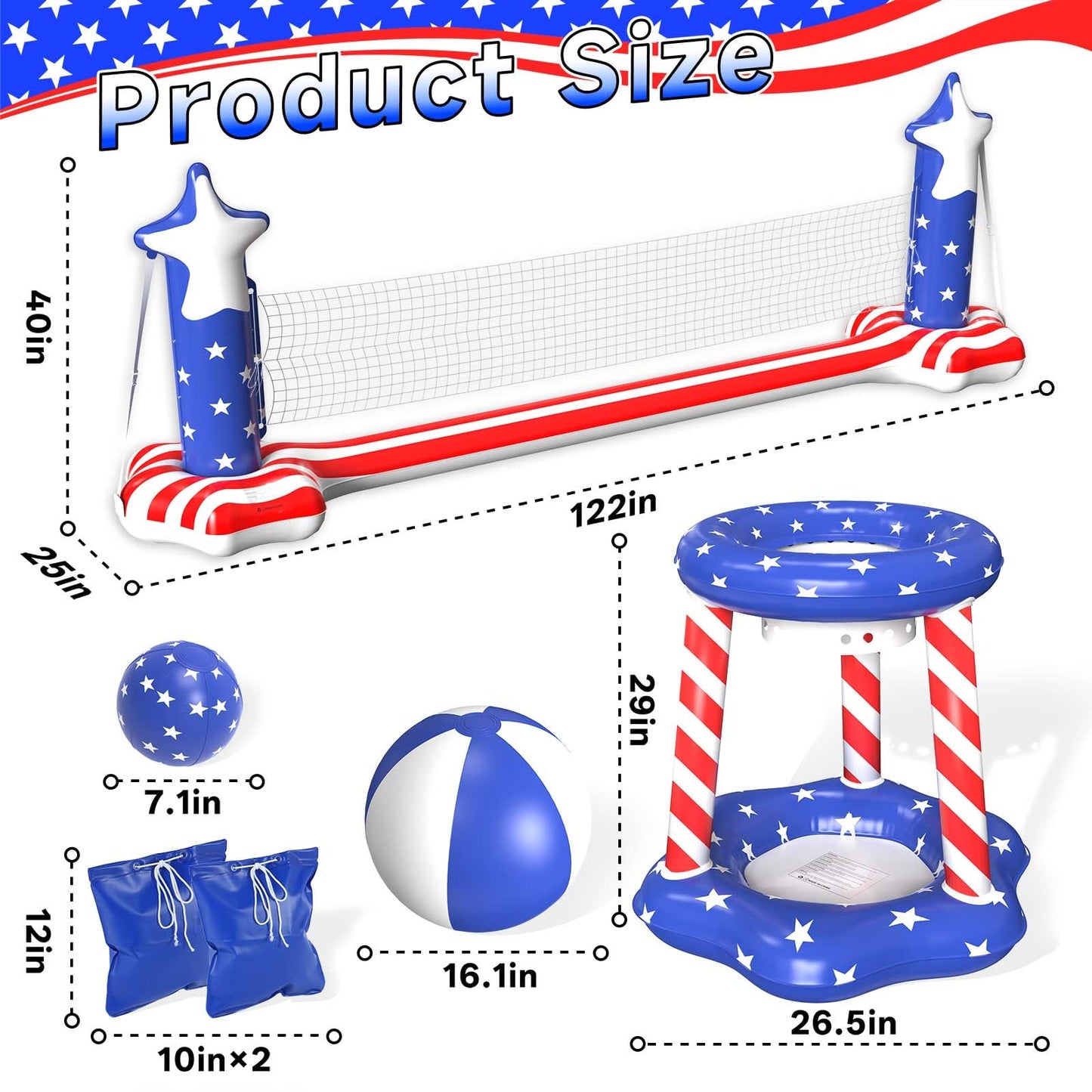 Gardentime Inflatable Volleyball Net and Basketball Hoops Pool Floating Toys Swimming Water Games for mature-themeds and Kids 8-12 Teens Volleyball Court (122 x25 x40 ) American Flag Summer Floaties