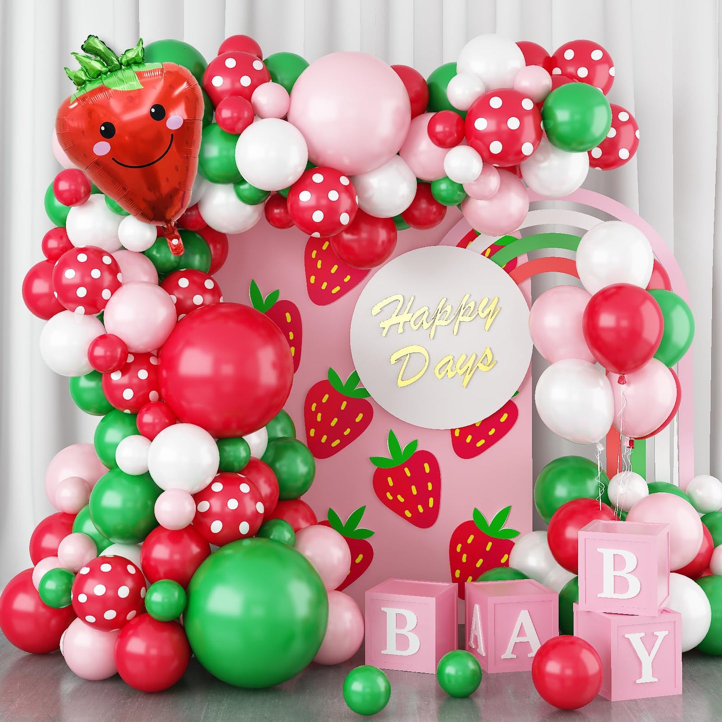 Strawberry Balloon Arch, Strawberry Birthday Party Decoration, Strawberry Decorations Kit With Red Pink Green Balloon Strawberry