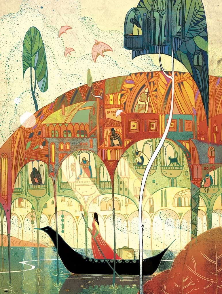 New York Puzzle Company 1000 Piece Jigsaw Puzzle - Victo Ngai Crossing Borders - Cardboard - Blue and Green - Family Game Night Fun