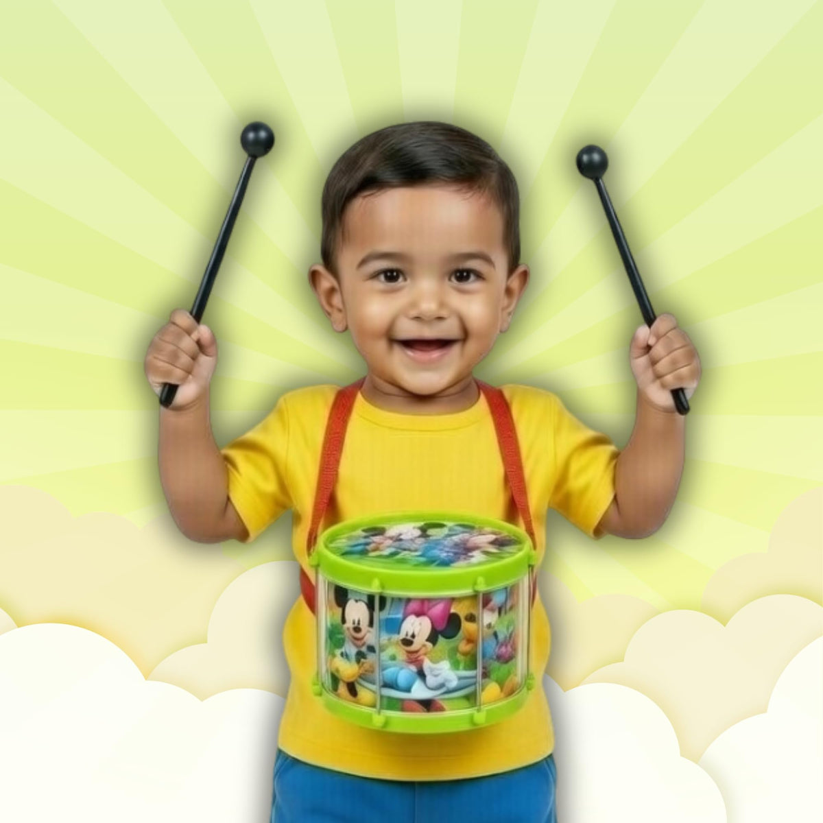 Wishluck Kids Musical Drum Toy With Drum Sticks | Colourful Cartoon Printed Rhythm Drum For Toddlers | Fun Music Learning Toy Fo