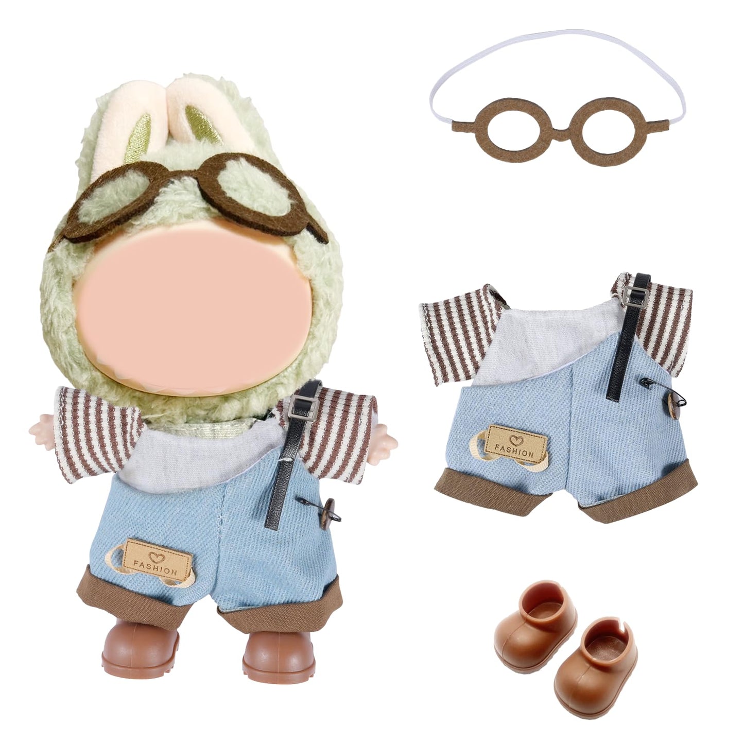 17cm Doll Clothes Set and Accessories  2025 Designed Clothes Set for 15cm/17cm Doll with Brown Glasses & Overalls & Brown Shoes