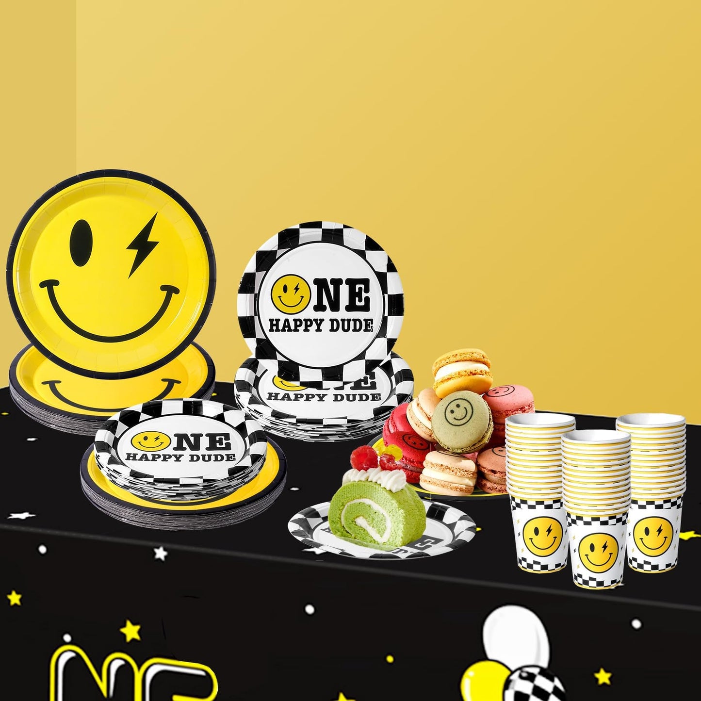 200Pcs One Happy Dude Birthday Plates Yellow Smile Face Party Plates One Happy Dude Paper Plates Cups Napkins Decor Disposable P