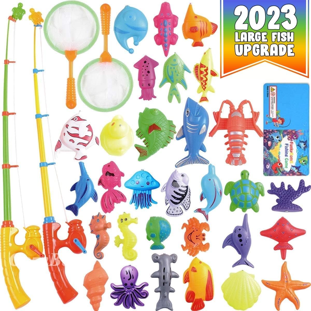 Cozybomb™ Magnetic Fishing Toys Game Set For Kids | Water Table Bathtub Kiddie Pool Party & Pole Rod Net, Plastic Floating Fish Toddler Color Ocean Sea Animals Birthday Age 3 4 5 6 Year
