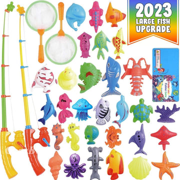 Cozybomb™ Magnetic Fishing Toys Game Set For Kids | Water Table Bathtub Kiddie Pool Party & Pole Rod Net, Plastic Floating Fish Toddler Color Ocean Sea Animals Birthday Age 3 4 5 6 Year