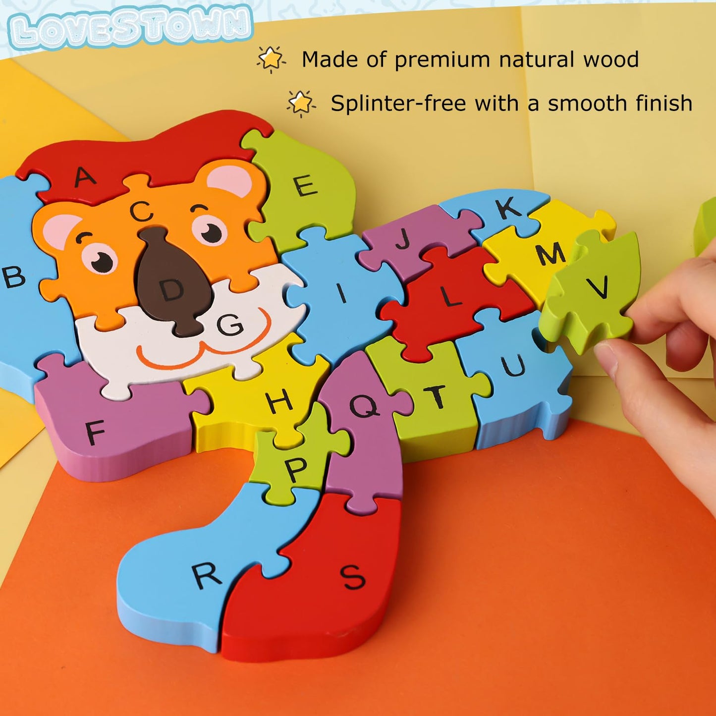Lovestown Lion Wooden Puzzle, 26Pcs Jigsaw Puzzle Alphabet And Number Blocks Animal Wooden Building Blocks For Kid Preschool Edu